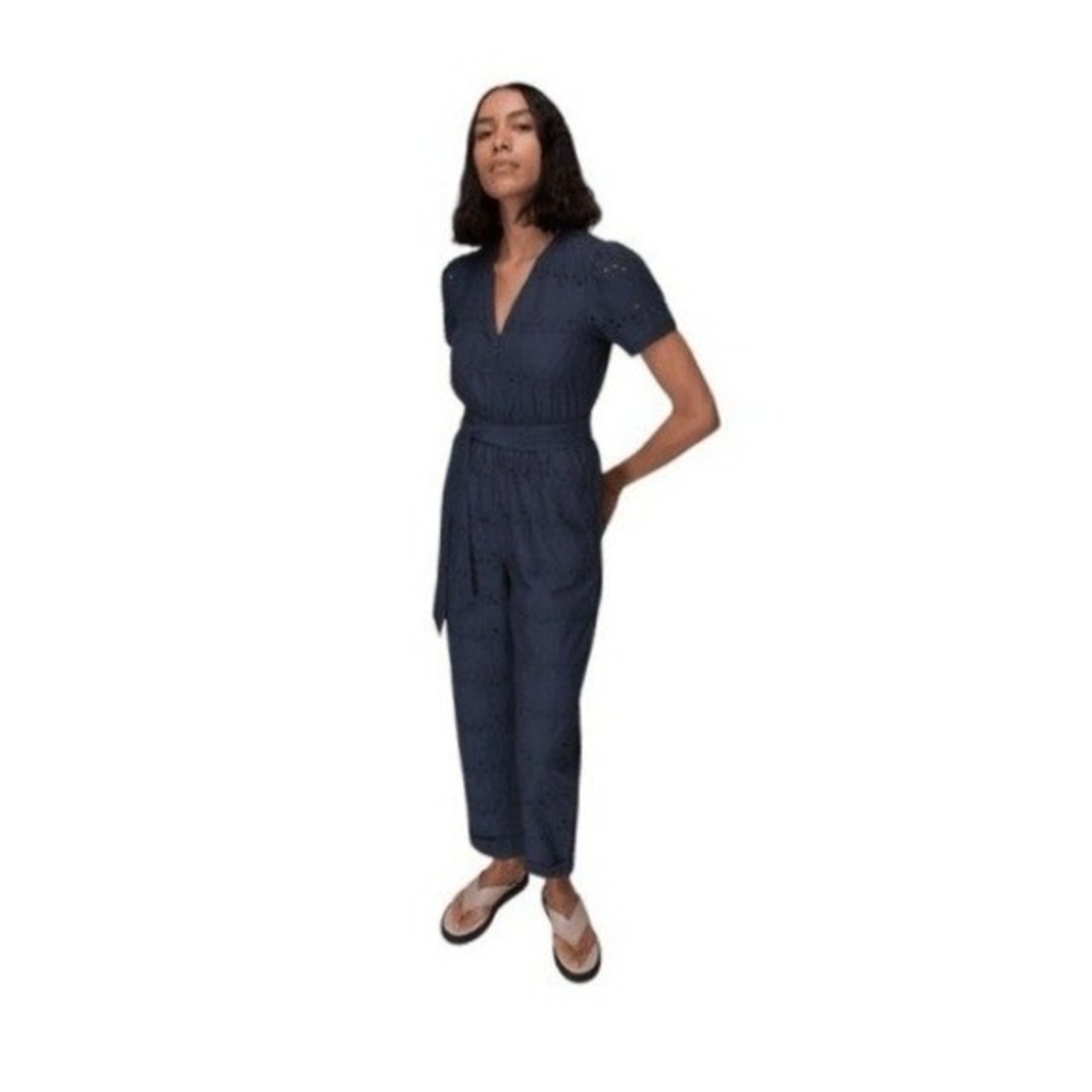 Whistles Zoe Broderie Eyelet Lace Jumpsuit Navy Blue Knit Short Sleeve 2
